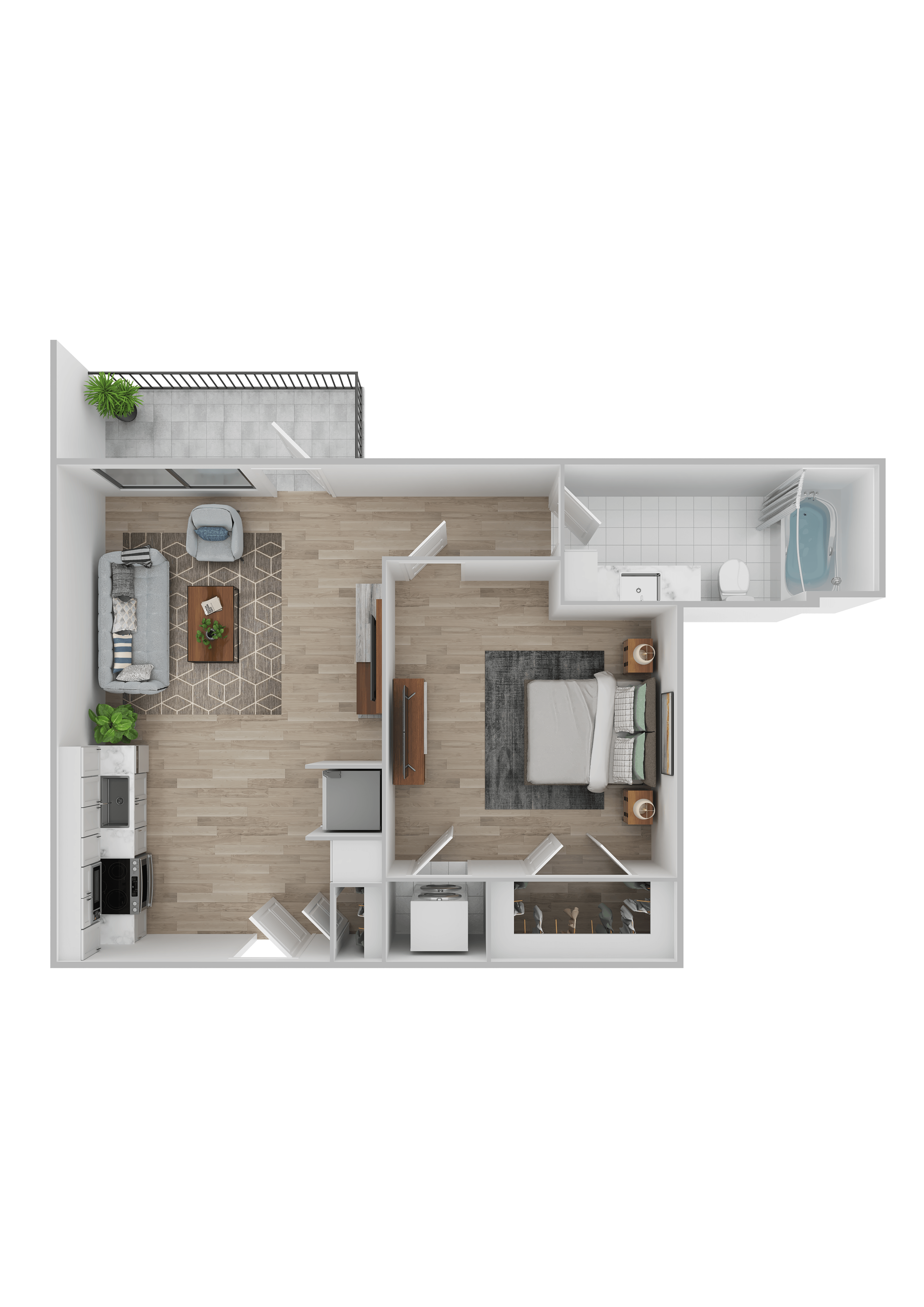 Floor plan for 1 bed, 1 bath, 589 sqft